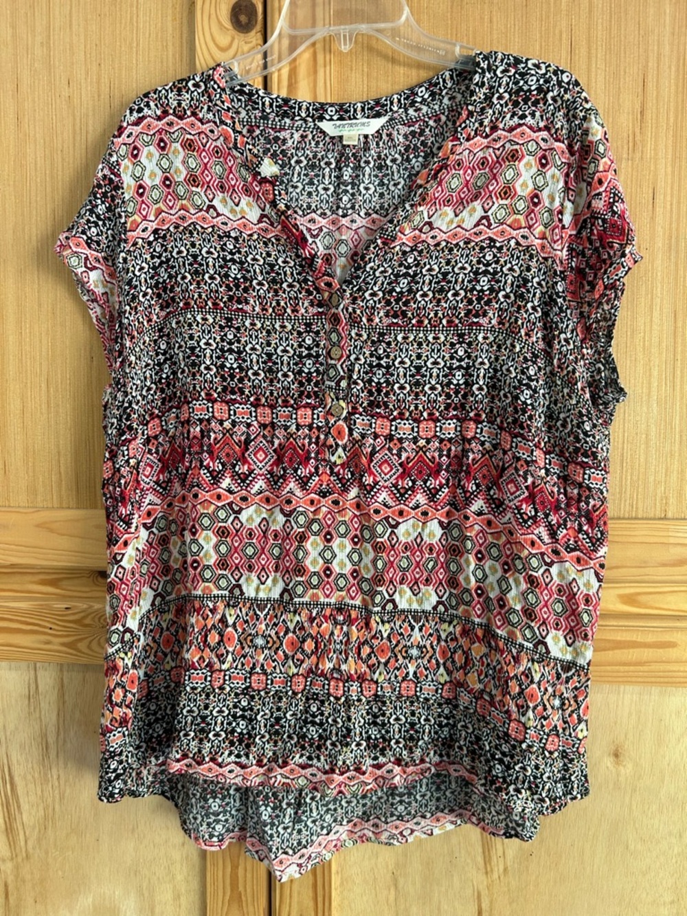 Tantrums Red Black Multicolor Geo-Print Short Sleeve Blouse Sz XXL